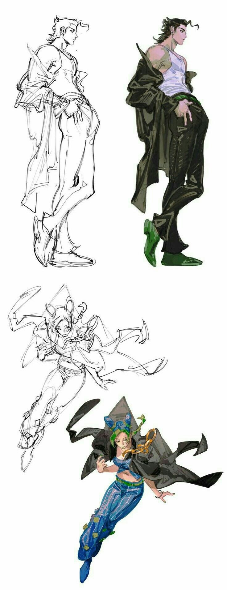 the image contains four sketches of anime characters. two sketches show a male character, one is in black and white while the other is in color. the two sketches on the bottom show a female character in black and white and a female character in color. the sketches are in a dynamic pose and the characters are showing off their personalities through their clothes and expressions.