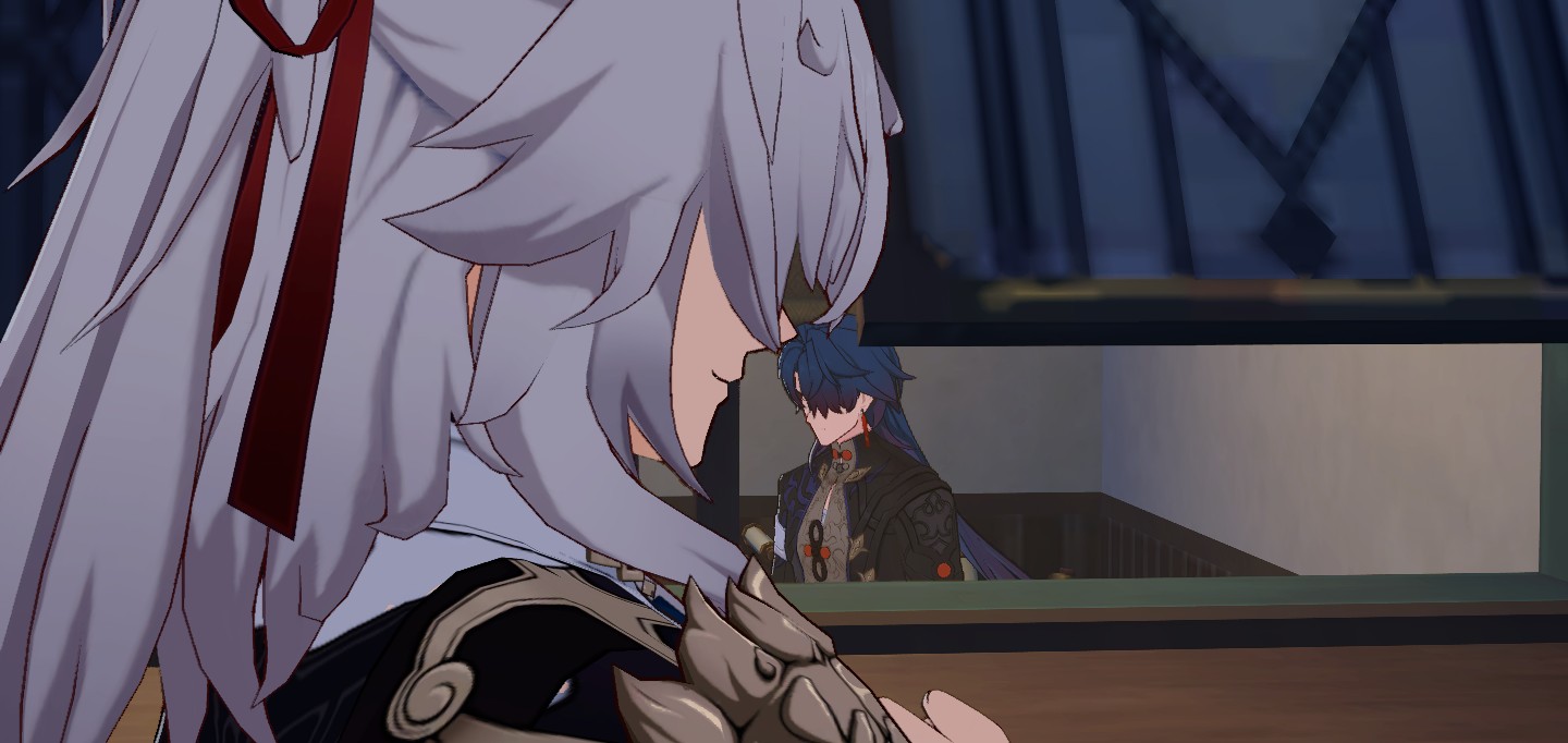 a screenshot from the game genshin impact. in the foreground, a character with long, flowing white hair, a red ribbon, and white clothing is facing the right. in the background, through a window, a character with long, flowing blue hair, blue clothing and red eyes can be seen sitting at a desk. the character in the foreground looks as if they are listening to the character in the background.