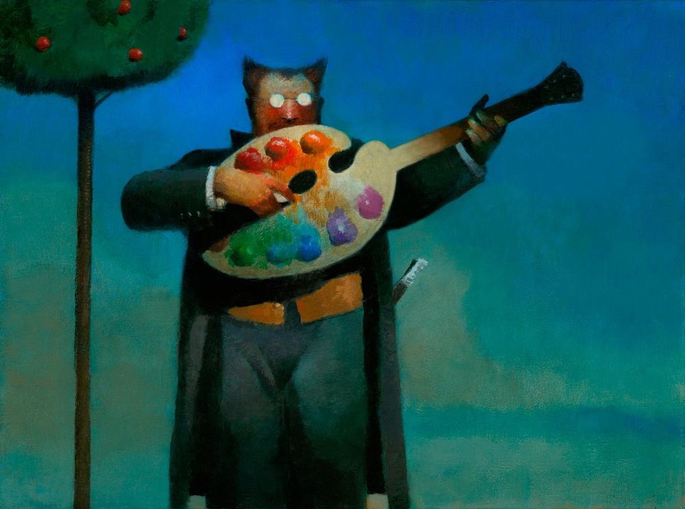 the artwork depicts a humanoid catlike figure dressed in dark clothing, holding what appears to be a large artist's palette shaped like a guitar. the palette is vibrant with various colored pigments. the creature is playing the paletteguitar.  a small tree with red apples is visible in the background. the overall style is surreal and expressionistic, featuring dark tones and a somewhat mysterious atmosphere. the texture of the painting is visible, suggesting the use of oil paints. the image evokes a sense of whimsy and symbolic representation.