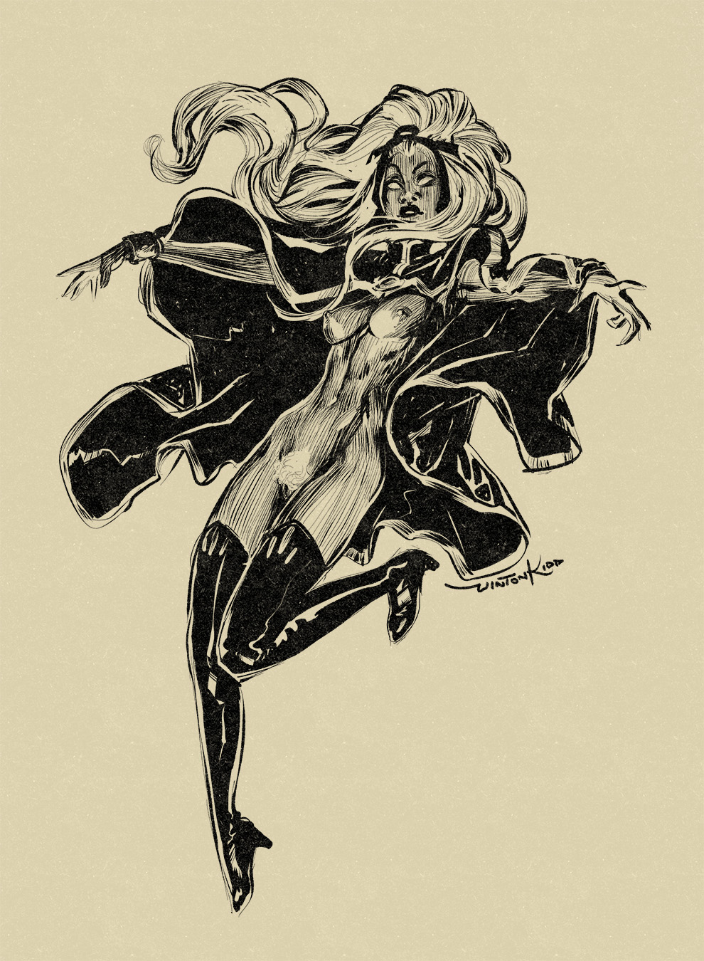 the image is a black and white ink drawing of storm, a superheroine from marvel comics' xmen.  she is depicted in a dynamic, airborne pose, her long hair flowing wildly around her. she is partially nude, wearing only thighhigh boots and a capelike garment that billows dramatically around her. the style is highly stylized, with bold lines and crosshatching used to create texture and form.  the overall impression is one of power, energy, and a sense of movement. the artist's signature is visible in the lower right corner. the background is a muted beige or tan color, allowing the black ink drawing to stand out prominently.