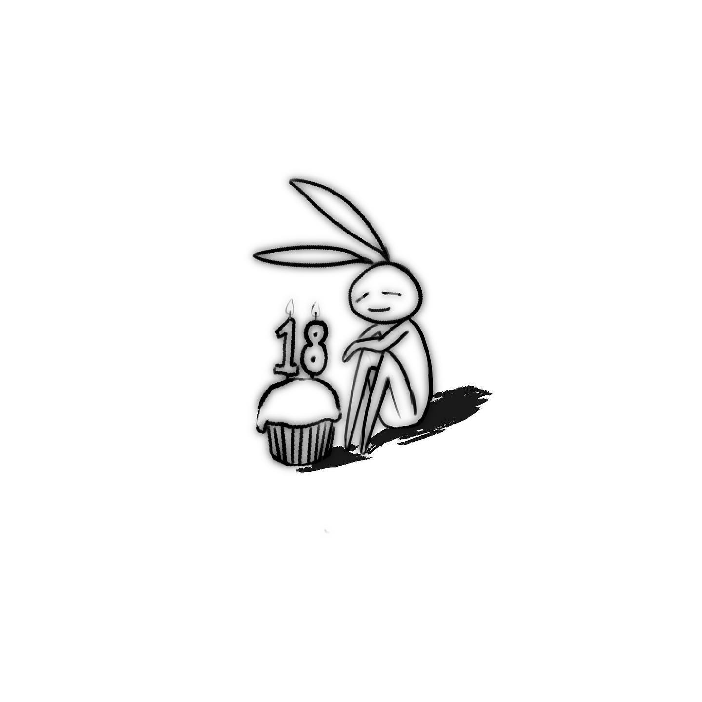 the image features a simple black and white drawing of a bunny sitting contentedly beside a cupcake with a burning "18" candle, suggesting an 18th birthday celebration.