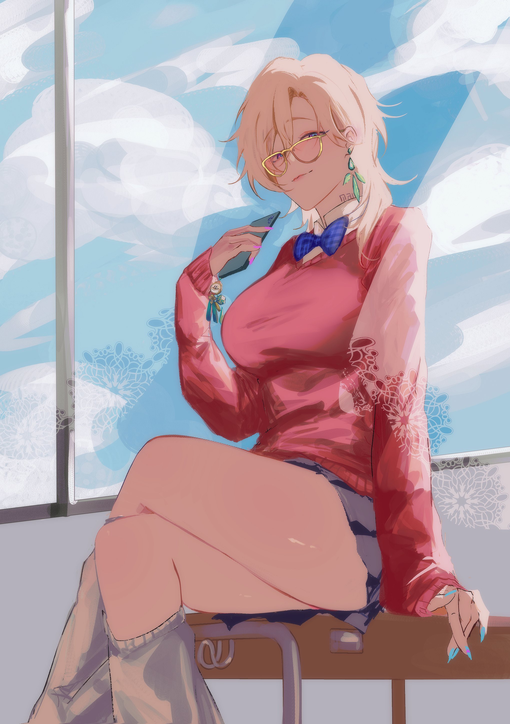 a young woman with long blonde hair is sitting on a bench and looking at the camera. she is wearing a red sweater, a blue bow tie, and blue nail polish. her eyes are light blue and she is wearing glasses. the background is a blurry window with a blue sky and white clouds.