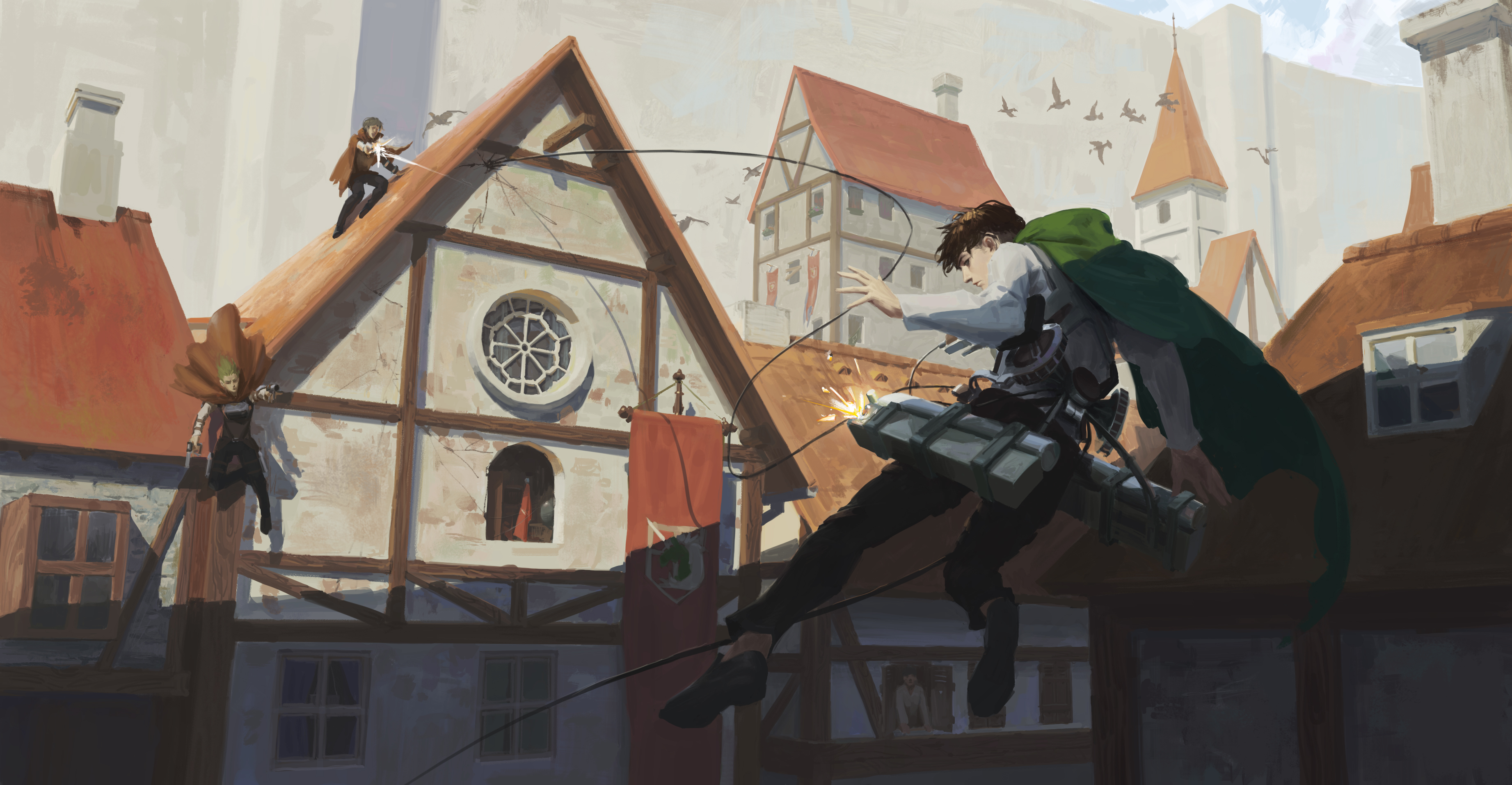 the image depicts a scene reminiscent of the anime "attack on titan," with soldiers using grappling hooks and weapons to navigate rooftops within a walled city. one soldier, wearing a green cape, is in midair, firing a weapon. others are positioned on the rooftops. a large wall is visible in the background.
