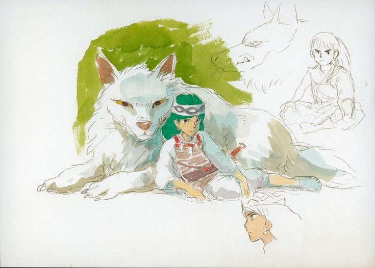 this is a sketch of a young girl with short dark hair resting on a giant white wolf with yellow eyes. the girl has a green headband and a knife tucked into her pants. there are smaller profile sketches of the wolf and the girl in the upper right corner, and the bottom right corner shows a closeup of a face looking to the left. the entire image is rendered in watercolor with a predominantly green and white color palette.