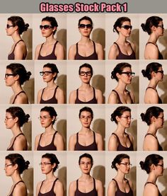 the image features a grid of 25 photos of the same woman. she's posing slightly differently in each image, showcasing a variety of glasses styles. the background is consistently white, creating a clean and minimalist aesthetic.