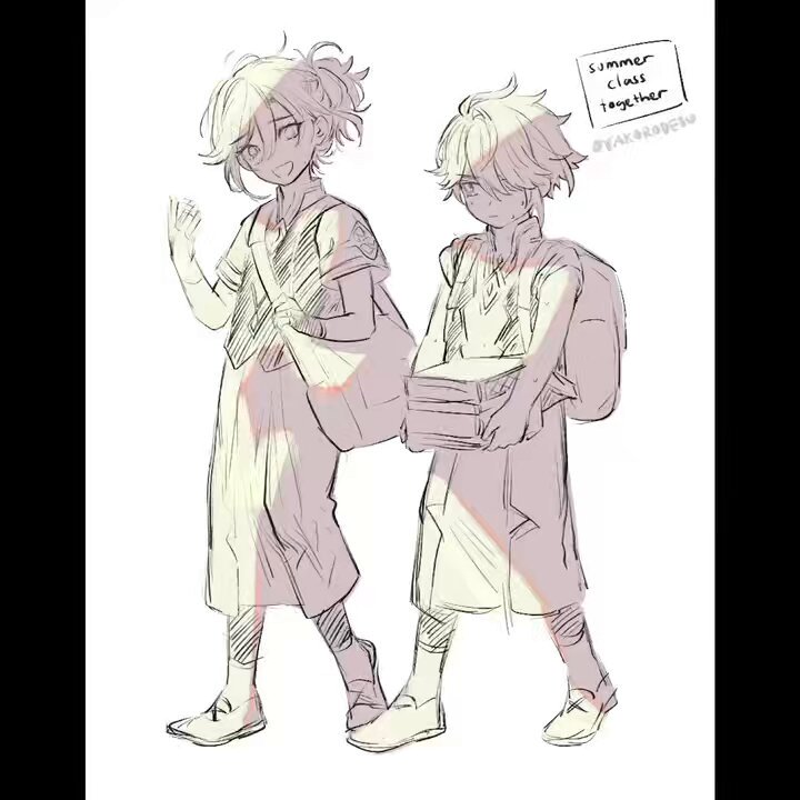 this is a digital drawing of two anime characters, a boy and a girl, walking together. the boy is carrying a backpack and a stack of books. the girl is smiling and waving her hand. they are both wearing casual clothes, and they look like they are on their way to school. the drawing is in a sketchy style, with lines and shading. there is a text bubble in the upper right corner that says "summer class together". the overall tone of the drawing is cheerful and optimistic.