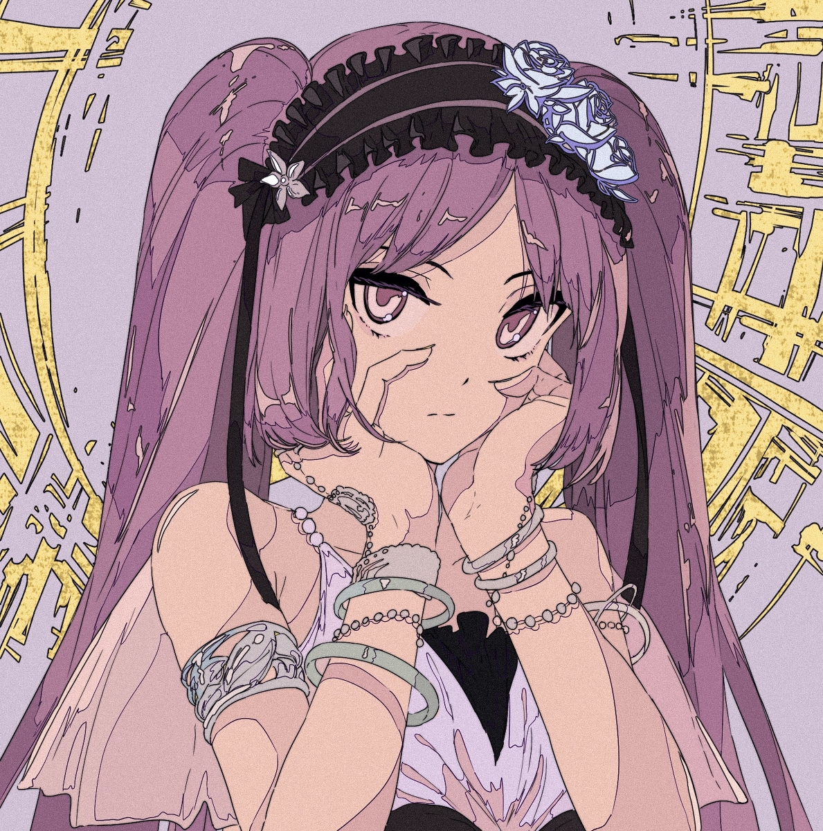 the image is a stylized digital illustration of an anime girl. she has long purple twintails, a black headband adorned with white flowers, and is wearing numerous bracelets and necklaces. she's dressed in a pastelcolored dress and has a soft, dreamy expression. the background features a muted purple and gold design. the overall style is elegant and cute, with a focus on detail in both the character's appearance and the background design. the art style is distinct and highly expressive.