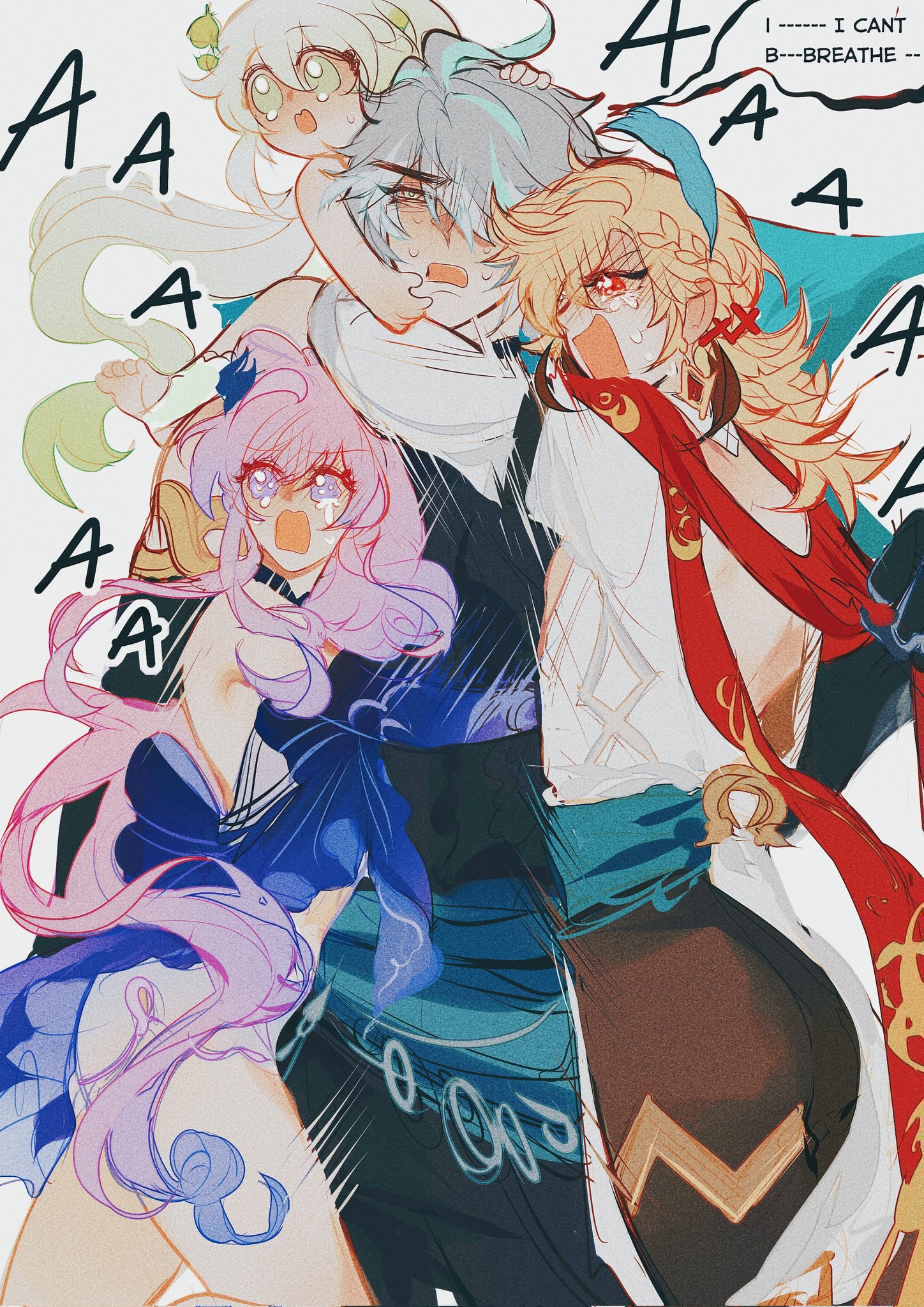 this digital fanart depicts a group of genshin impact characters in a chaotic and emotional scene. albedo, xiao, ganyu, and sucrose are depicted in chibilike styles, with albedo in the center seemingly overwhelmed and breathless, as indicated by the text. the characters are clustered together, appearing distressed and crying. the art style is dynamic and colorful, employing a pastel color palette with strong expressive lines and vibrant colors to convey the characters' emotions.  the background is relatively simple, allowing the focus to remain on the characters and their expressions.