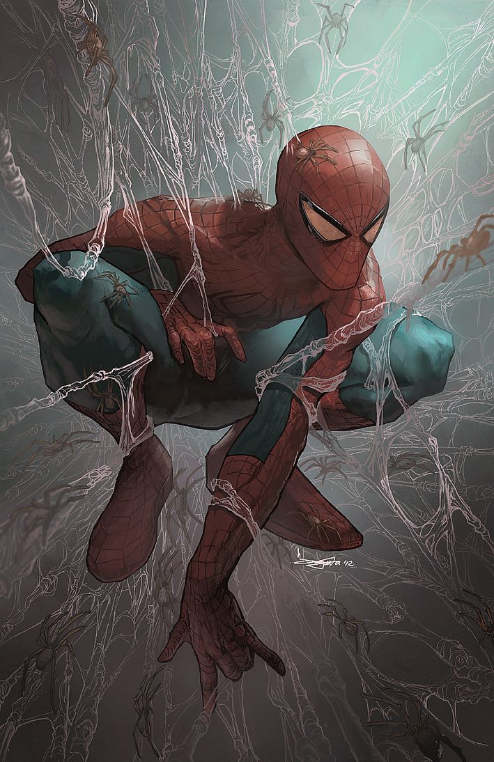 this is an illustration of spiderman swinging through the air. he is surrounded by spider webs, and he is using his web shooters to propel himself forward. the image is dynamic and exciting, and it captures the essence of spiderman's powers. the background is a dark and foreboding, which adds to the sense of danger and excitement.