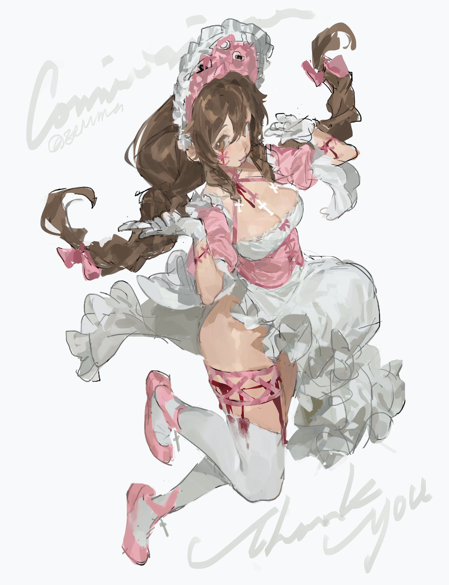 this is a digital illustration of an anime girl dressed as a maid. she has long brown hair, wearing a pink and white maid dress with a matching hat. she is barefoot and her feet are visible. there is blood on her legs and dress, indicating she might be injured. she is looking at the viewer, with a slightly surprised expression. the background is white and the illustration is done in a cartoon style. the artist's signature is present in the lower right corner.