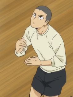 a young man with short, dark hair wearing a white sweatshirt and black shorts is captured midmotion on a volleyball court. his focused expression and the positioning of his hands suggest he's about to receive or set the ball. the perspective is from a low angle, emphasizing his upward gaze and dynamic pose. the color palette is warm and bright, characteristic of an indoor gym setting.
