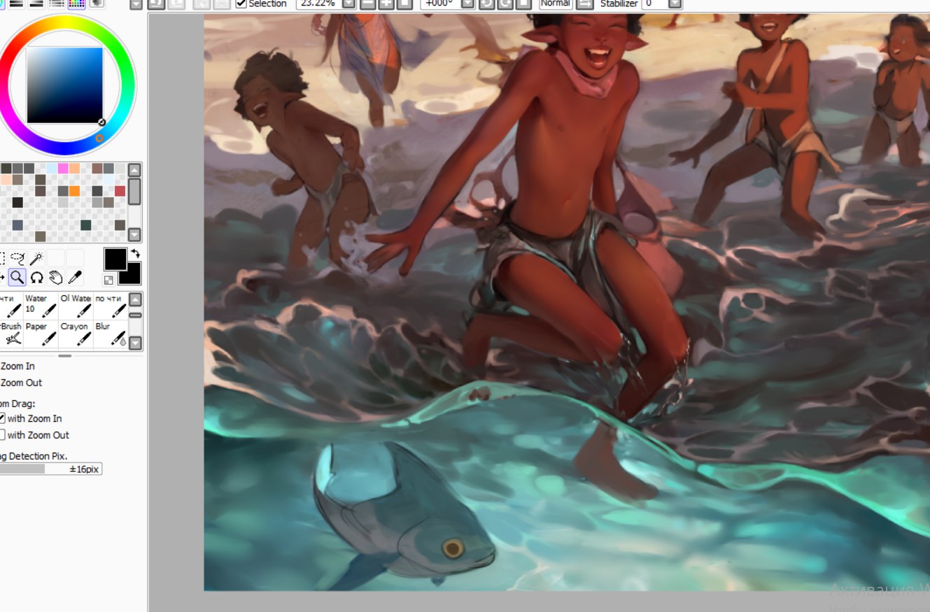 the image shows a group of children playing in the ocean. the children are all running and splashing in the water, and they seem to be having a lot of fun. the water is clear and blue, and the sun is shining brightly. in the foreground, a fish can be seen swimming in the water. ```
