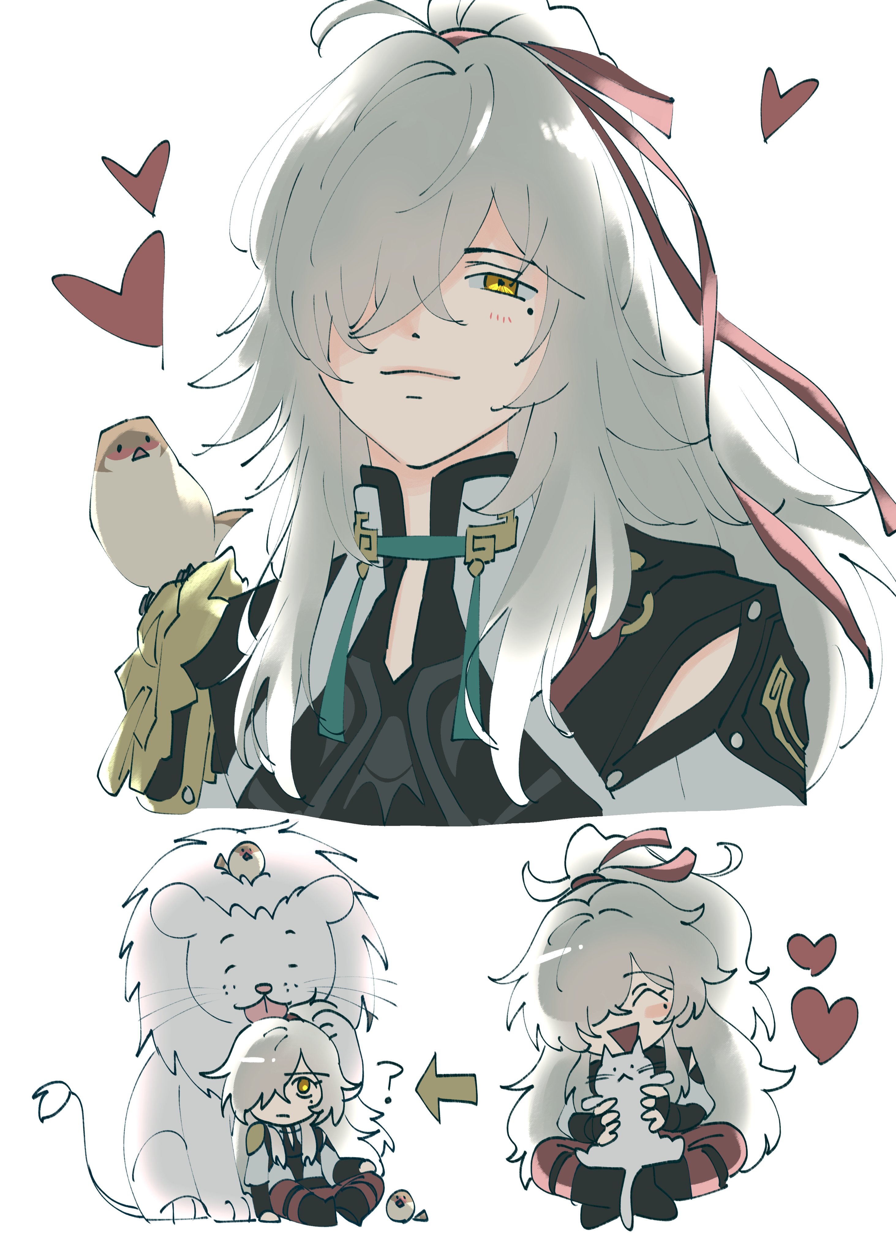 this is an anime illustration featuring a male character with white hair and a red ribbon, he is smiling and has a small bird on his shoulder, a white lion, and a white cat.  the illustration also features a chibi version of the male character, cuddling a white cat. the image contains hearts around the character, suggesting a feeling of love.