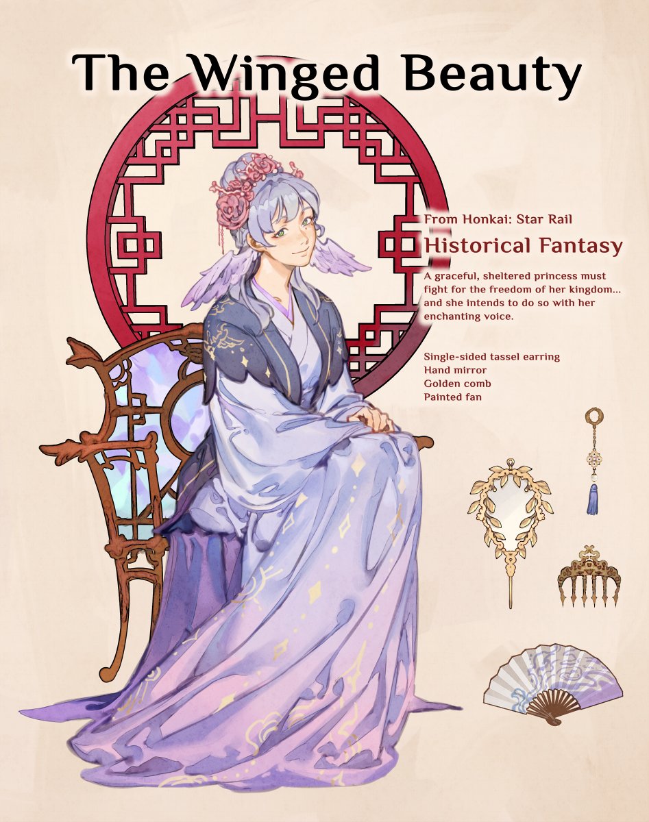 a character concept art of a princess character from the game honkai: star rail, labeled as "the winged beauty" and set in a "historical fantasy" setting. she is seated on a chair, wearing a traditional dress with winglike features. the image also includes details about her design, such as "singlesided tassel earring," "hand mirror," "golden comb," and "painted fan," along with a short description of her role in the story.
