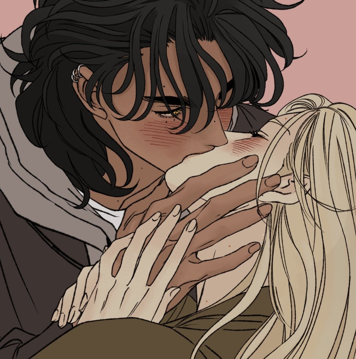 the image is an illustration of a couple in a loving embrace, kissing. the person on the left has dark hair, multiple ear piercings, and is wearing a hooded sweatshirt. their skin is tan and they have rosy cheeks. the person on the right has long blonde hair. their skin is fair and they are also blushing. their hands are intertwined. the background is a solid light pink color. the drawing style is cartoonish with distinct lines.