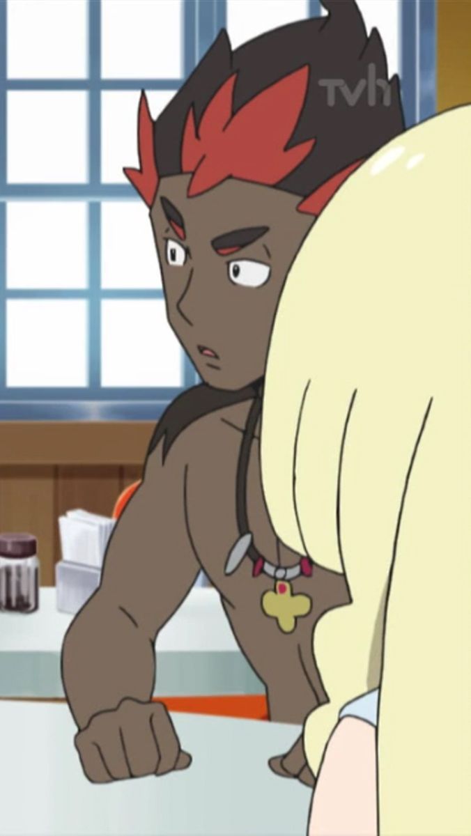 this is a cartoon picture of a pokemon couple. the male character is buff and shirtless with red hair. he has black skin. the female character is blond. they are sitting at a table, possibly at a restaurant. the male character is looking at the female character, and she is looking away.