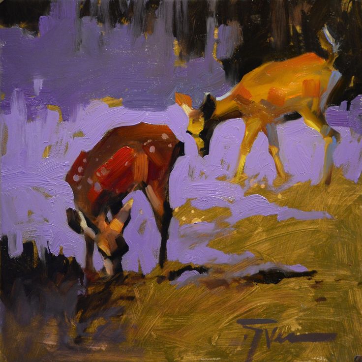 the painting is an impasto oil painting depicting two deer, one reddishbrown with white spots and the other a more orangebrown, grazing in a landscape.  the background is a vibrant purple with hints of gold, giving an abstract and impressionistic feel to the scene. the brushstrokes are visible and expressive, adding texture and movement to the piece. the overall style is contemporary and evokes a feeling of tranquility in a natural setting. the deer are rendered with a loose, painterly style rather than photorealistic detail.