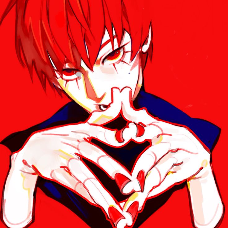 the image is an animestyle illustration of a male character with red hair, red eyes, and a sinister expression. he has pale skin and what appear to be small fangs. his hands are posed in front of him, with fingers slightly intertwined, and his nails are painted a bright red. the background is a solid red color, which emphasizes the character's features. the overall impression is that of a dark and somewhat evil character.