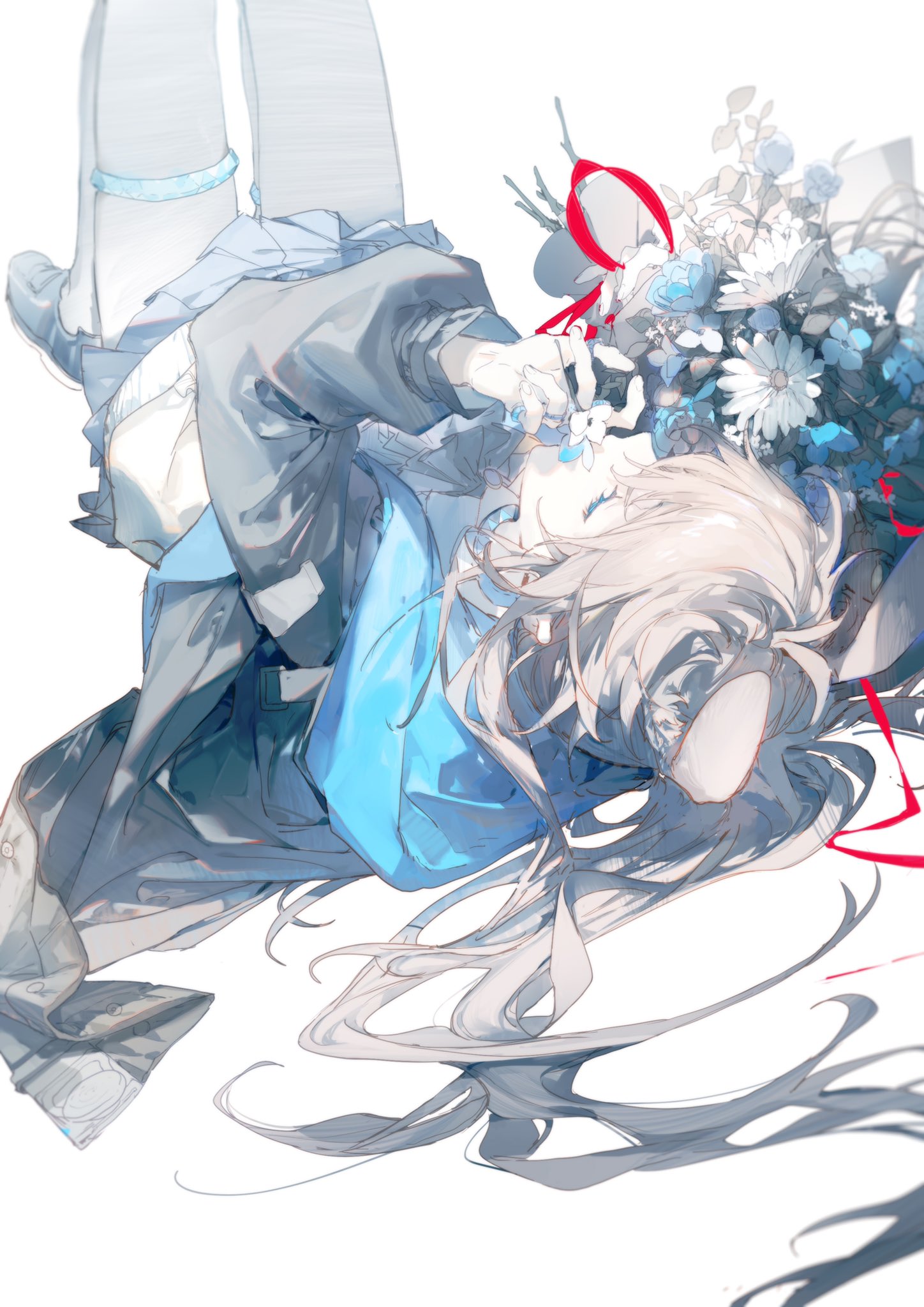 an animestyle illustration of a girl with long gray hair, lying upside down amidst a collection of white and blue flowers, adorned with red ribbons. she is wearing a school uniform with a blue shirt and gray jacket. her face is partially obscured by the flowers.
