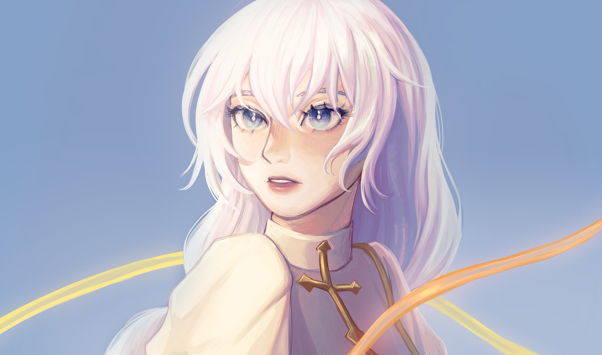 a beautiful anime girl with white hair and blue eyes is depicted in a celestial setting. she is dressed in a white dress with a gold cross, and her wings are partially visible, suggesting she is an angel. the image is filled with light, suggesting a holy and divine presence. it is a mystical and fantasyinspired portrait.