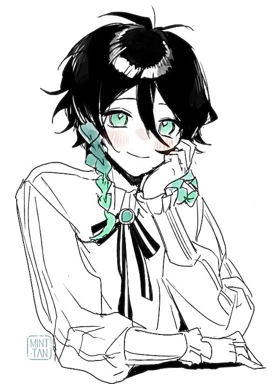 a drawing of an anime character with black hair, green eyes, green ribbon, and black ribbon wearing a white shirt.  the character is blushing and looks shy.