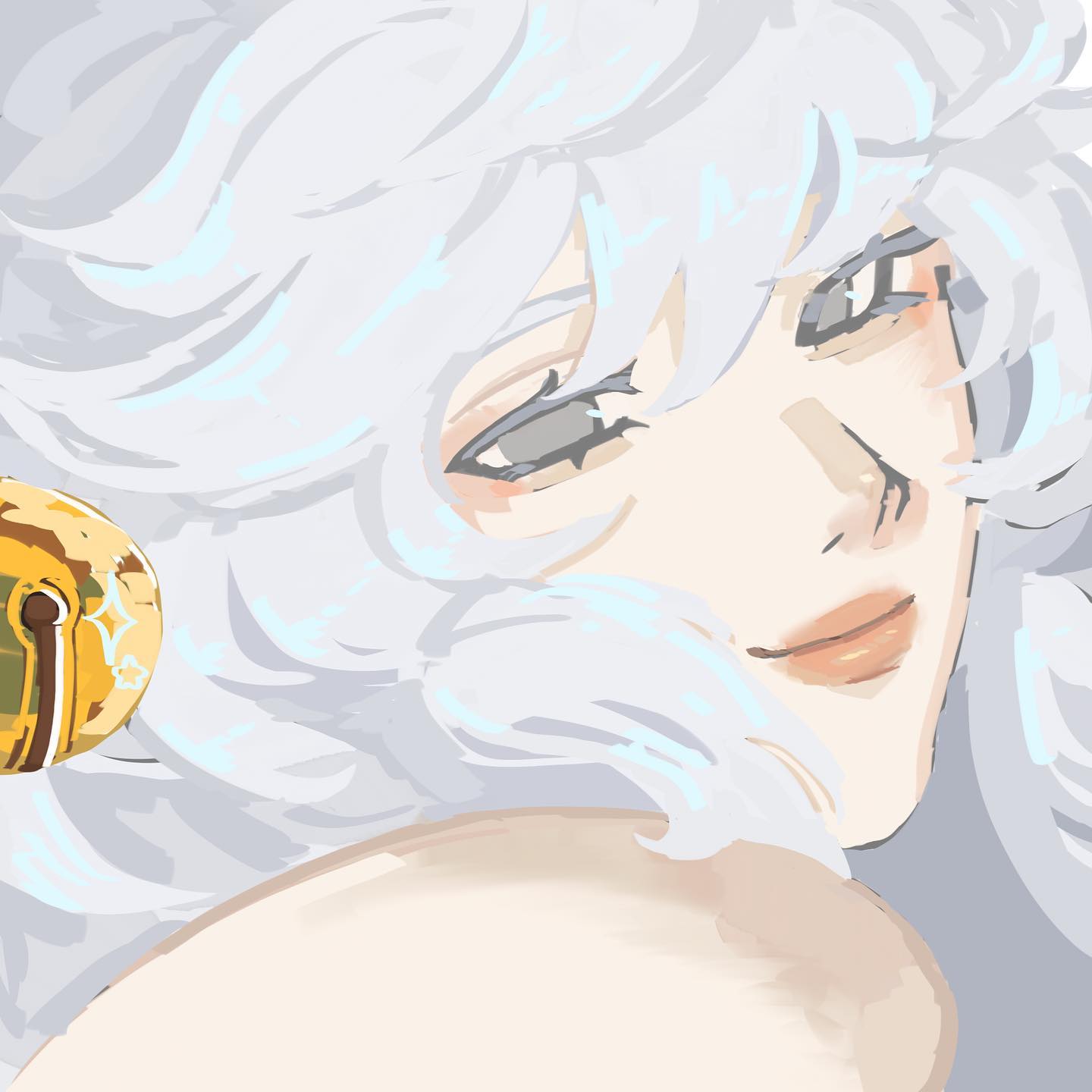 the image is a digital painting of a woman with long, flowing white hair and striking gray eyes. she is depicted from the shoulders up, her head turned slightly to the side as she gazes at the viewer with a soft smile. the art style is soft and ethereal, with a focus on capturing the delicate features of the woman's face. her hair cascades around her in gentle waves, while her eyes hold a hint of mischief.  a golden ornament with intricate details adorns her hair, adding a touch of elegance to her overall appearance.