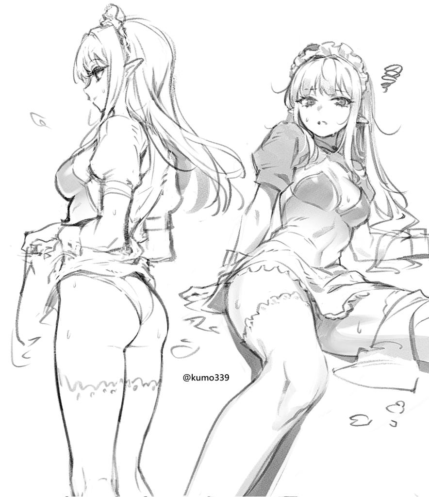 a sketch of an anime girl with elf ears wearing a maid outfit. there are two views of her; one from the side, showing her from the back, and another from the front in a seated position.