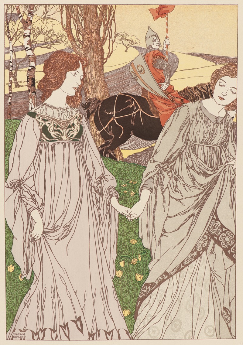 the image shows an illustration with a medieval theme. two women in long gowns are holding hands in the foreground. behind them, a knight on a black horse rides through a landscape with trees and a distant hill. the color palette is muted, featuring pale colors and soft lines.