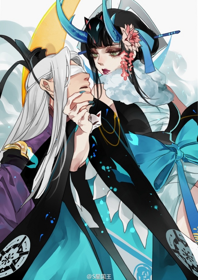 this digital art illustration features a handsome anime male with white hair and black clothing, and a beautiful anime female with black hair and a blue kimonolike outfit. they are shown in a loving and intimate pose, their faces close together. the male has one hand on the female's chin, while the female's hand rests on the male's chest. there are blue horns and intricate designs on the female's head. the artwork has a mystical and whimsical feel, enhanced by the blue and yellow colors, as well as the decorative elements such as flowers and a crescent moon. the overall impression is of a passionate and romantic relationship between two characters who are both charming and powerful.