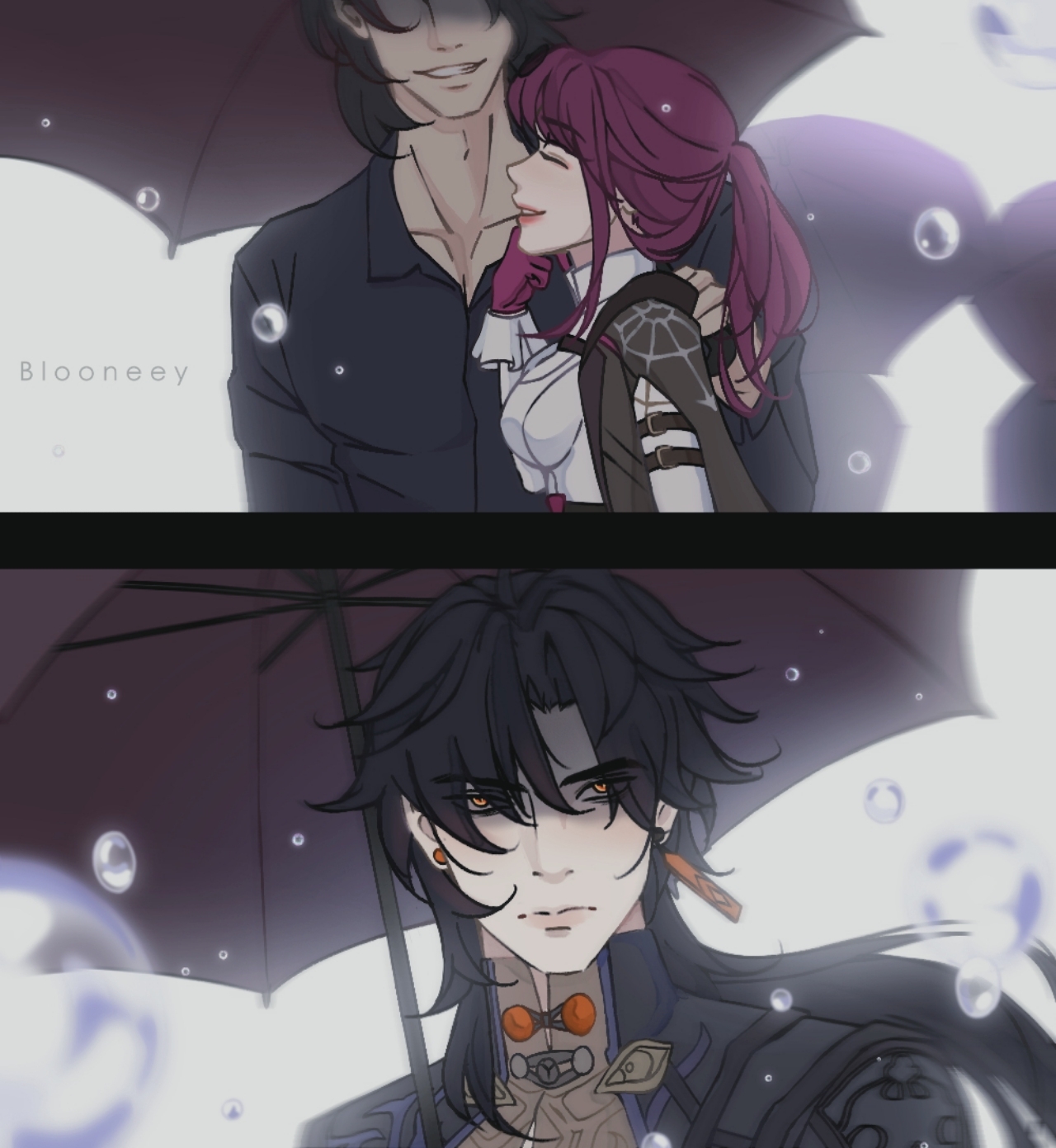 this is a digital illustration of a man and woman standing under an umbrella in the rain. the man has black hair and wears a dark shirt. the woman has red hair and wears a white shirt. the man is holding the umbrella over the woman's head and they are both smiling. the image conveys a feeling of love, romance, and happiness.