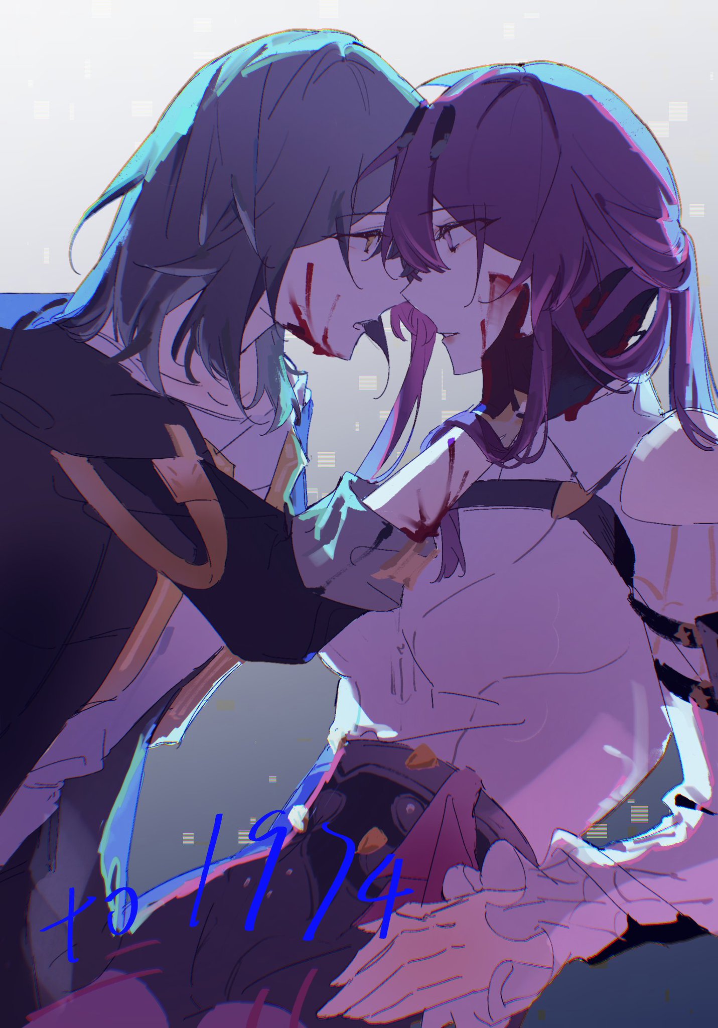 the image is a closeup portrait of two anime characters, a young woman and a young man, embracing and kissing. the woman is on the left, and the man is on the right. they are both wearing colorful outfits and have long, flowing hair. the woman has purple hair, and the man has green hair. the woman is wearing a light pink outfit with a white shirt and a purple skirt. the man is wearing a black jacket with a yellow collar and dark pants. they are both wounded and bleeding, with bloodstains on their faces and clothes. the man is holding the woman's hand, which is also stained with blood. the image is set against a blurred background of white and blue. the image is full of emotions, including love, romance, sadness, and sorrow.