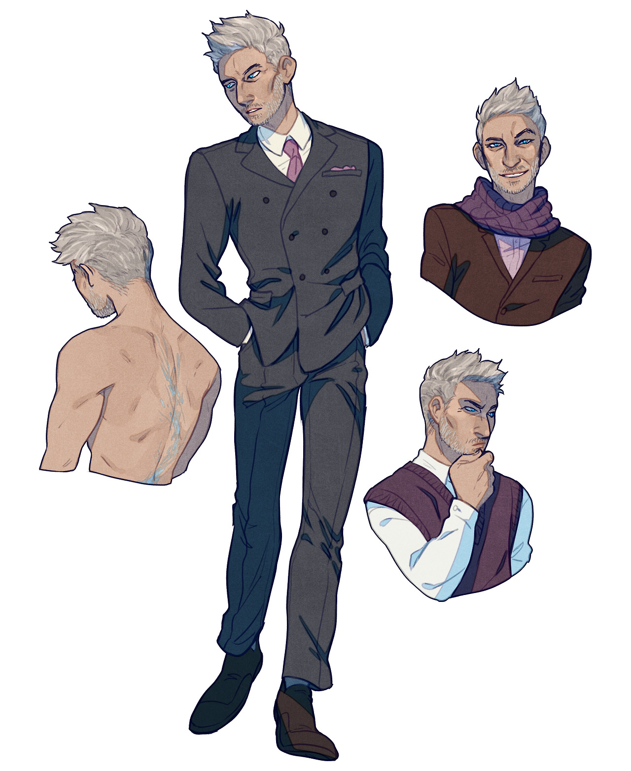 a digital sketch page of a male character with white hair wearing various outfits.  there is a fullbody drawing of him in a suit, a topless drawing showing off a back tattoo, a headshot, and a headshot from the shoulders up featuring a sweater and collared shirt.