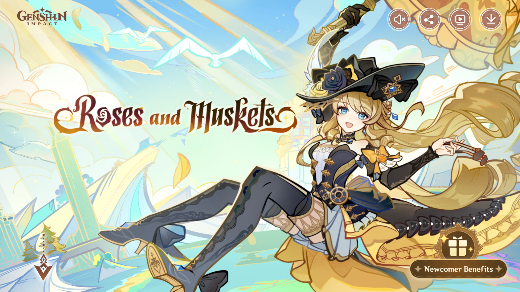 a promotional illustration for the video game genshin impact. it features a blonde anime girl in a fantasythemed outfit against a backdrop of a fantastical city. the girl is holding a musket and is the focal point of the image. the overall color palette is bright and inviting.