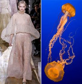 the image shows a fashion model wearing a delicate, flowing dress on a runway, with a closeup of a jellyfish with orange tentacles in the water. the model is dressed in a soft, ethereal outfit with a light pink and white color scheme, her pose is elegant and poised. the jellyfish, on the other hand, is a vivid orange with intricate tentacles, suggesting a contrast between the fashion world and the natural world. the image juxtaposes the artistry and sophistication of fashion with the raw beauty of the ocean.