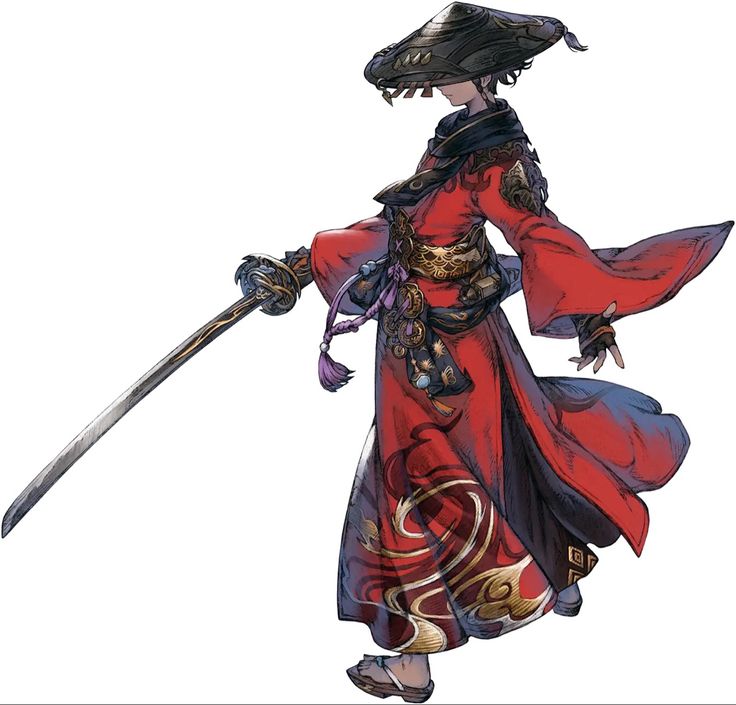 the image is a piece of concept art or promotional artwork, likely from the video game final fantasy xiv. it depicts a female samurai or ronin character.  she's dressed in a flowing red kimono with gold and dark patterns,  wearing a widebrimmed dark hat, and is holding a long katana. the art style is detailed and painterly, reminiscent of traditional japanese artwork with a fantasy twist. the character's pose suggests movement and action.  the background is plain white, focusing attention entirely on the character.