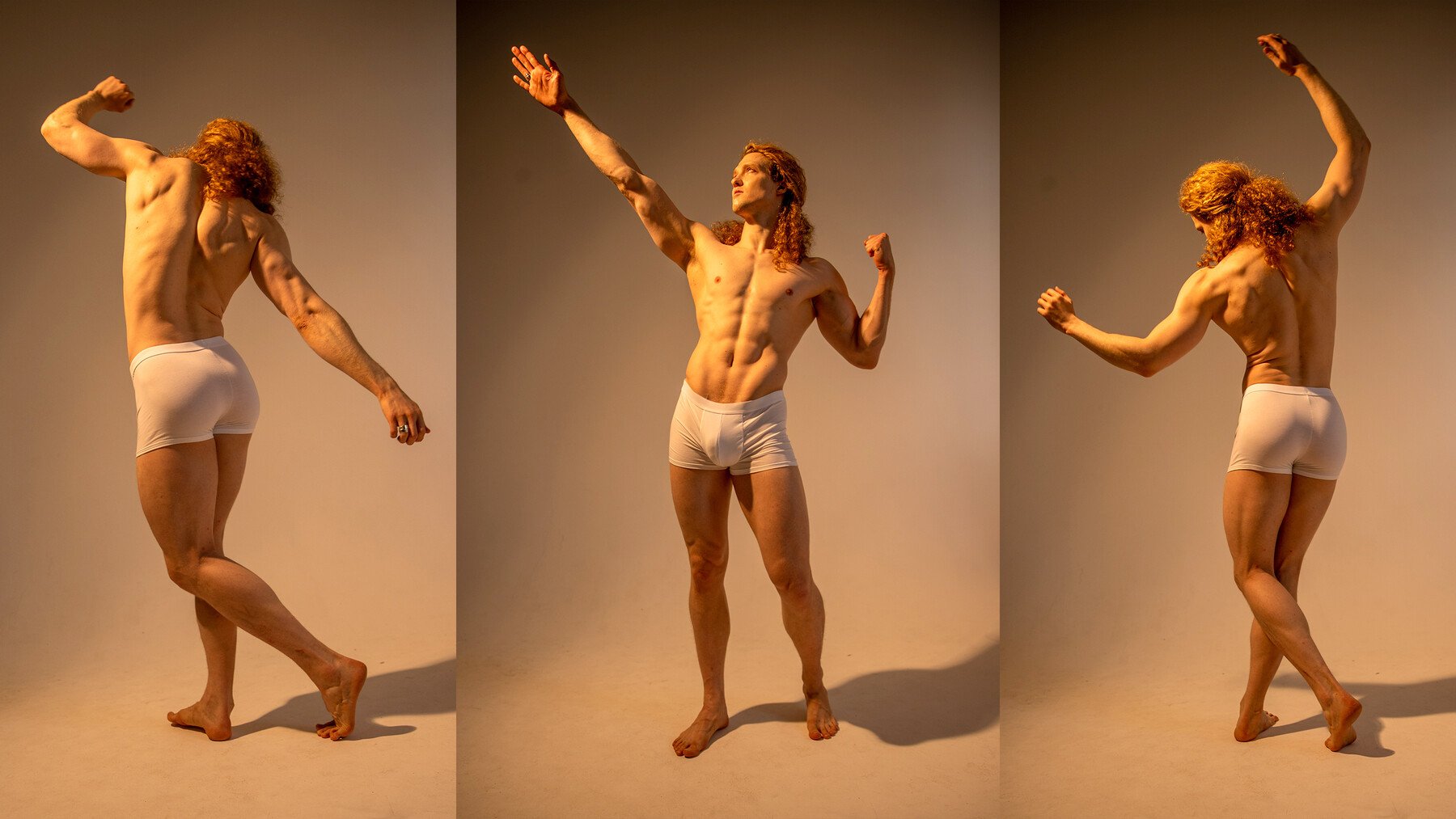a muscular male model poses in various stances, displaying his physique and strength. he wears white briefs and has a strong, sculpted body. the images are taken in a studio setting with soft lighting, highlighting his musculature and creating a dramatic effect. the model's red hair and athletic build contribute to a captivating visual composition. the photographs showcase his athleticism and strength, showcasing the power and definition of his body.
