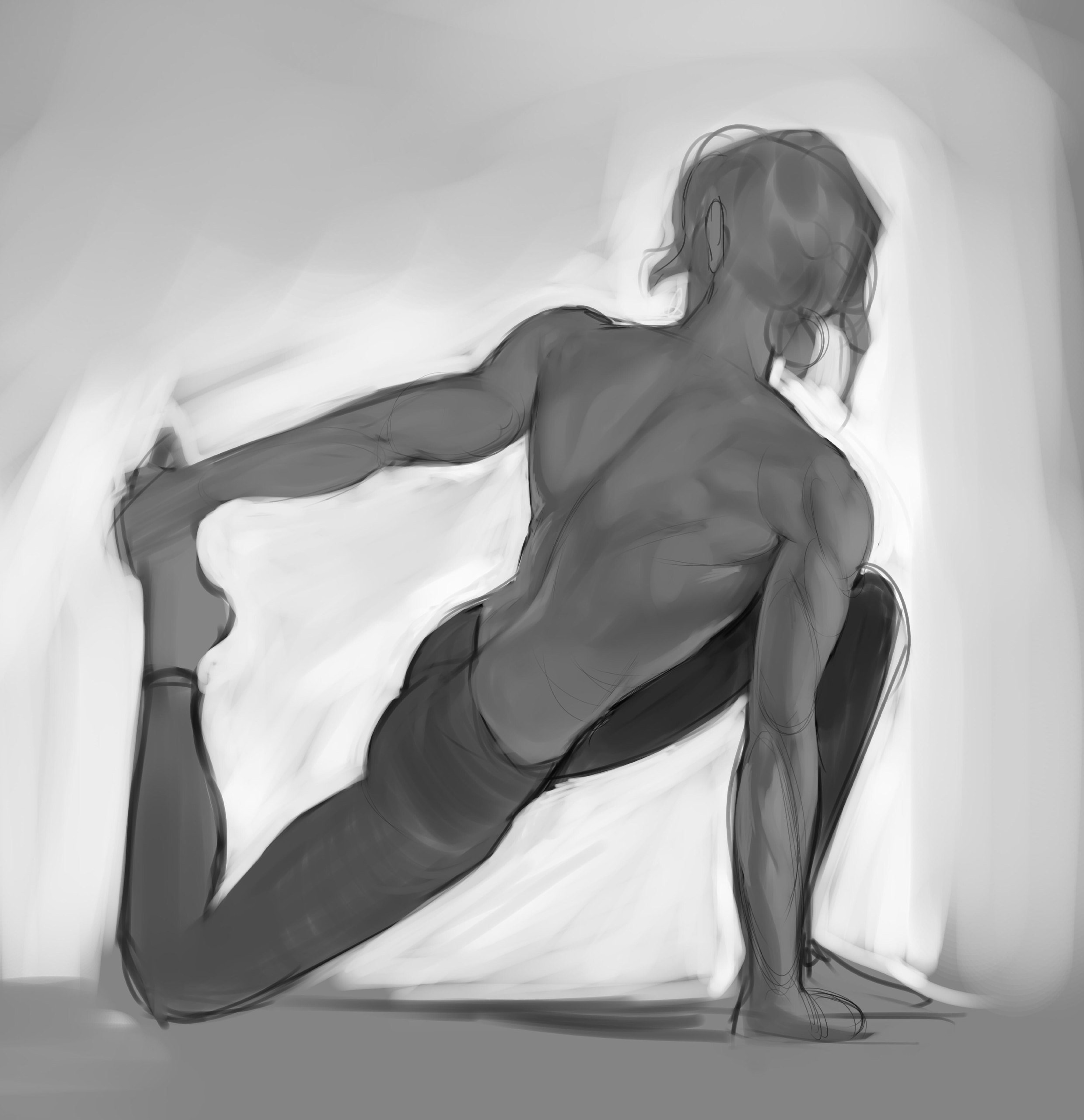 this is a grayscale sketch depicting a muscular man in a dynamic yoga or stretching pose. the focus is on his back anatomy as he reaches back to grasp his foot, highlighting his flexibility. the background is a simple gradient, emphasizing the figure. the style is loose and expressive, characteristic of a quick artistic study.