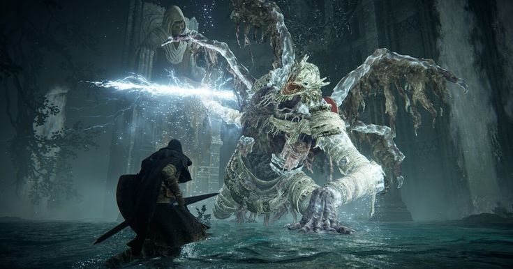 the image is a screenshot from the video game elden ring. it depicts a player character,  likely a tarnished,  engaging in a fierce battle against a large, imposing boss. the boss is a monstrous, wraithlike creature with tattered, skeletal wings and bandages.  lightning crackles between the player and the boss, suggesting a magical attack or ability. the setting is a dark, atmospheric environment featuring ruins and water. the overall aesthetic is dark fantasy, consistent with the game's style. the player character is seen wielding a sword and seems to be in the middle of an intense fight.