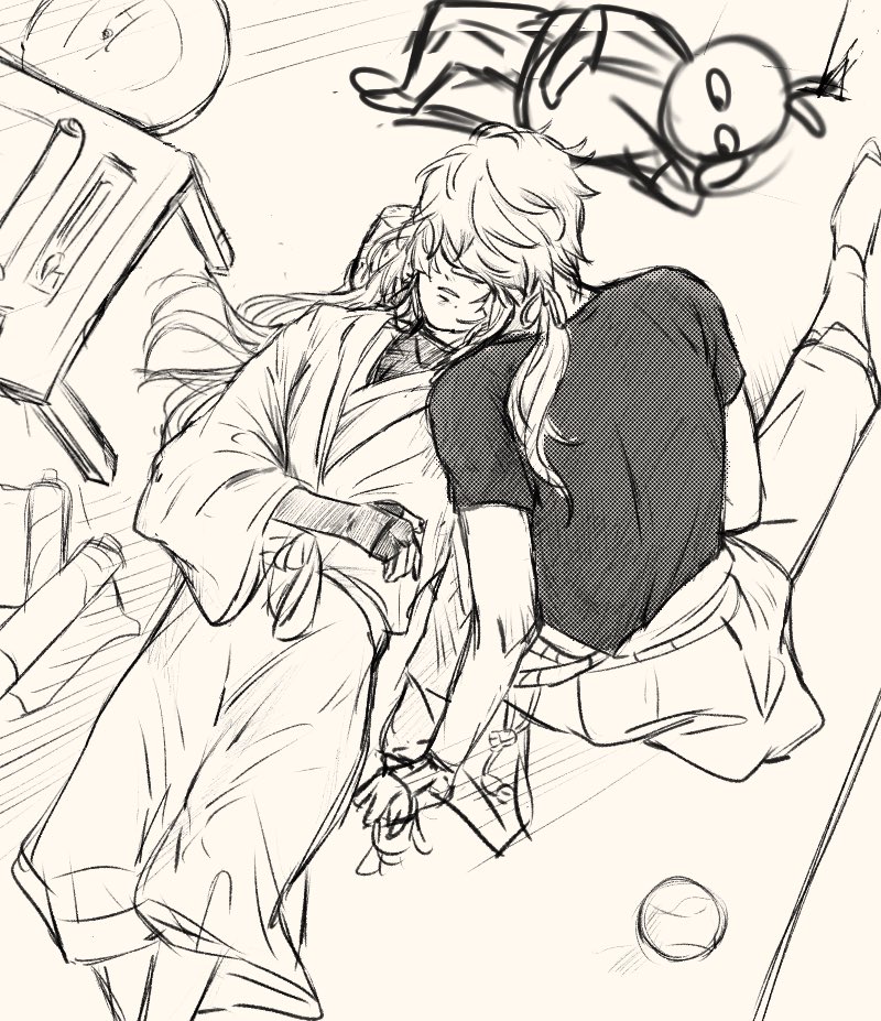 a sketch of two people hugging. the one on the bottom is laying down with their head resting on the other person's shoulder. the one on top has their arms wrapped around the other person. they are both sleeping and appear to be tired. the sketch is drawn in black and white and has a manga style.  there are various objects in the background suggesting that the people are inside a room.  the overall vibe of the drawing is one of love and romance.