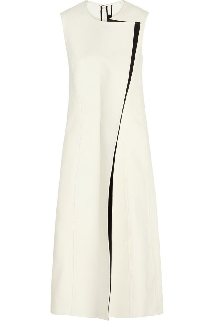 a stark white, sleeveless sheath dress with a panelled design is displayed against a stark white background. the dress is kneelength and features a round neck. a bold black stripe diagonally bisects the dress from the shoulder to the hem, creating a striking colorblocking effect. the dress is simple yet elegant.