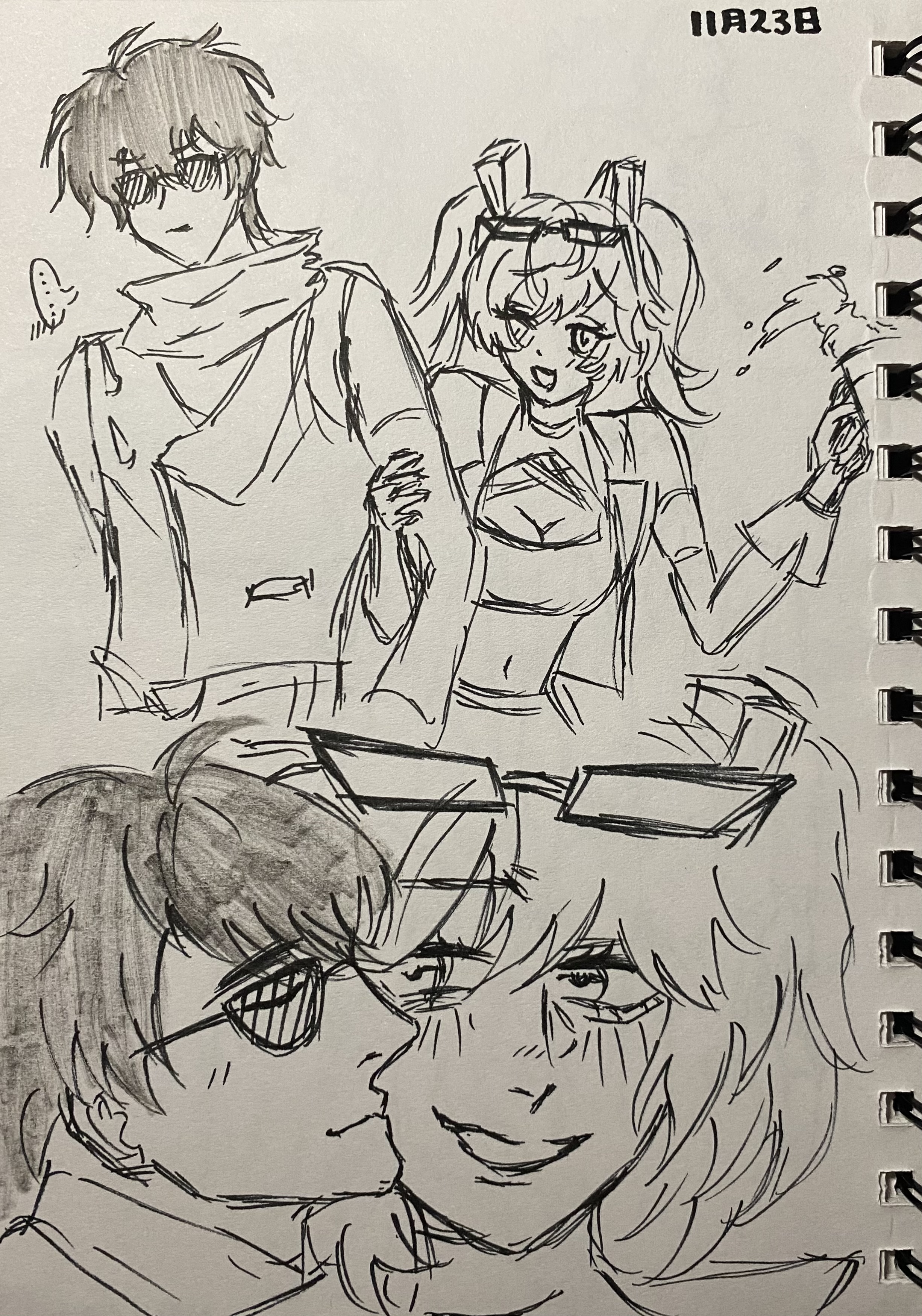 he image contains a collection of pen sketches on a notebook page.  there are three distinct figures:1. a stylized male figure:  wearing sunglasses and a scarf, he appears somewhat aloof or cool. his clothing suggests a casual but slightly formal style.2. a stylized female figure: with pigtails and goggles, she's depicted in a more dynamic pose, holding something that looks like a water squirter or spray bottle. her clothing is more casual and reveals some skin.  her expression is bright and cheerful.3. a couple: a seemingly romantic sketch of a male and female character. the male is wearing glasses and appears to be kissing the female character.  this couple has more detailed shading in parts.the sketches appear to be done with a pen, showing varying levels of detail and line weight. the style is animeinspired, with exaggerated features and expressions. the overall feel is lighthearted and energetic.  a date (11月23日, which is november 23rd in japanese) is written in the upper right corner.
