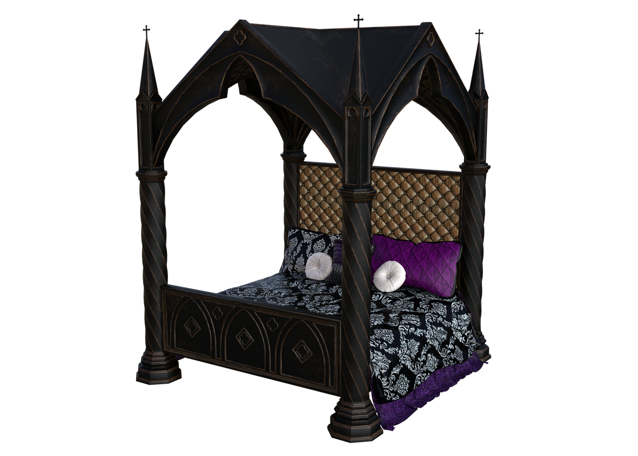 the image shows a gothic style canopy bed against a black background. the bed has a dark, ornate frame with pointed arches and spires. the headboard is made of a brown quilted material. the bed is covered with a black and white patterned bedspread, and there are several pillows on the bed, including two white round pillows and a purple square pillow. the overall aesthetic is dark, luxurious, and gothic.