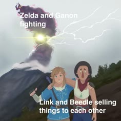 this is a meme image that depicts the contrasting dynamics of the zelda and ganon rivalry and link and beedle's interaction in the legend of zelda games.  the top half of the image shows a blurry and powerful image of zelda and ganon fighting, symbolizing their epic battles. in contrast, the bottom half shows link and beedle, two characters who are not known for their antagonistic relationship, standing together and smiling, a humorous juxtaposition to the intensity of the top image. the text in the meme emphasizes the difference between the two pairs, with "zelda and ganon fighting" at the top and "link and beedle selling things to each other" at the bottom. the image itself uses a style that's reminiscent of meme templates, making it relatable and engaging for fans of both the game and meme culture.