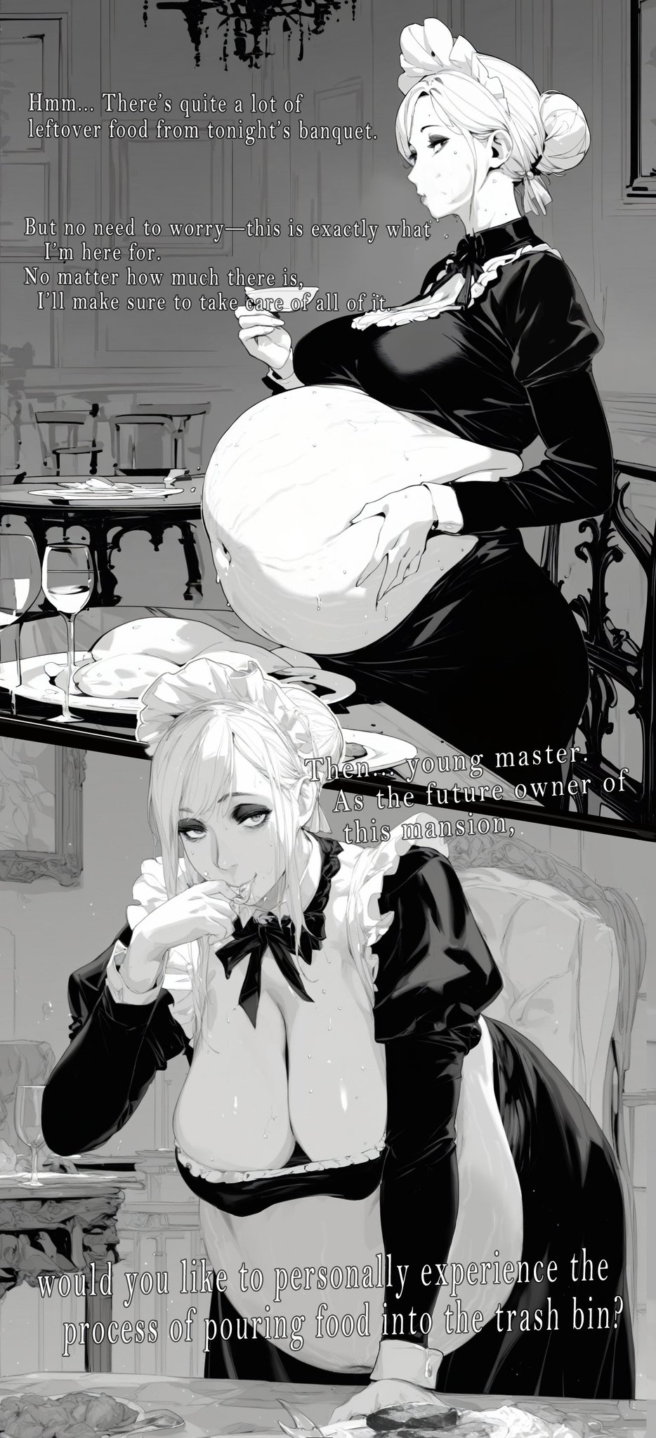 two maids are present in the image. the upper maid is pregnant and holding a cup, and she says, "hmm: there's quite a lot of leftover food from tonightis, banquet but no need to worrythis is exactly what i'm here for no matter how much there is i'll make sure to take care ofall att". the lower maid says, "then, young master, as the future owner of this mansion, would you like to personally experience the process of pouring food into the trash bin?".