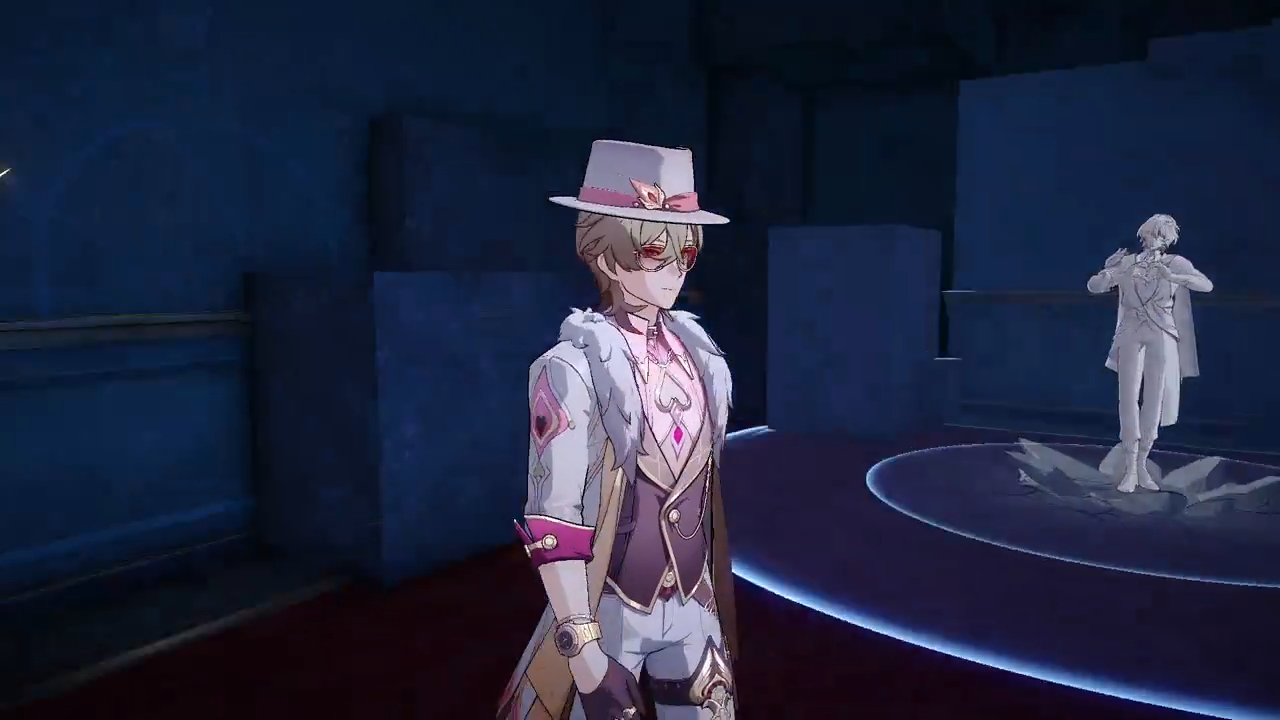 a male character from genshin impact, dressed in a white suit with a card pattern, a white hat, and glasses, stands in a dark room with a blue light shining on him. he is looking down at a transparent platform, where another white figure, possibly a phantom, stands. the character's hand is on his sword.