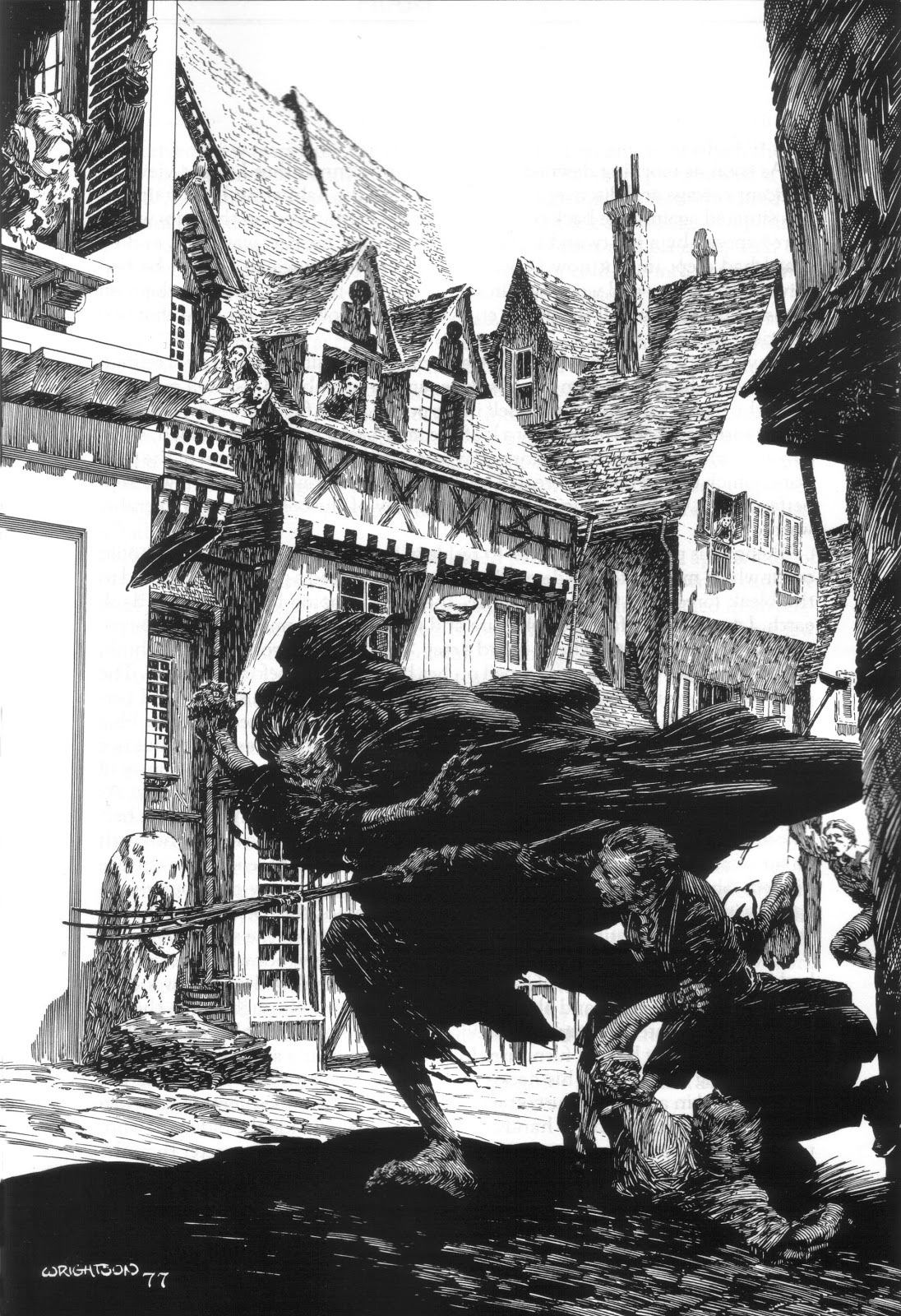 a black and white illustration depicts a dramatic scene on a cobblestone street lined with medieval european buildings. a monstrous figure, cloaked in shadow and wielding a sword, is caught midstride, carrying a struggling man.  another man in the foreground attempts to grab the figure, while bystanders watch from windows and doorways. the highcontrast lighting and low angle create a sense of urgency and danger.