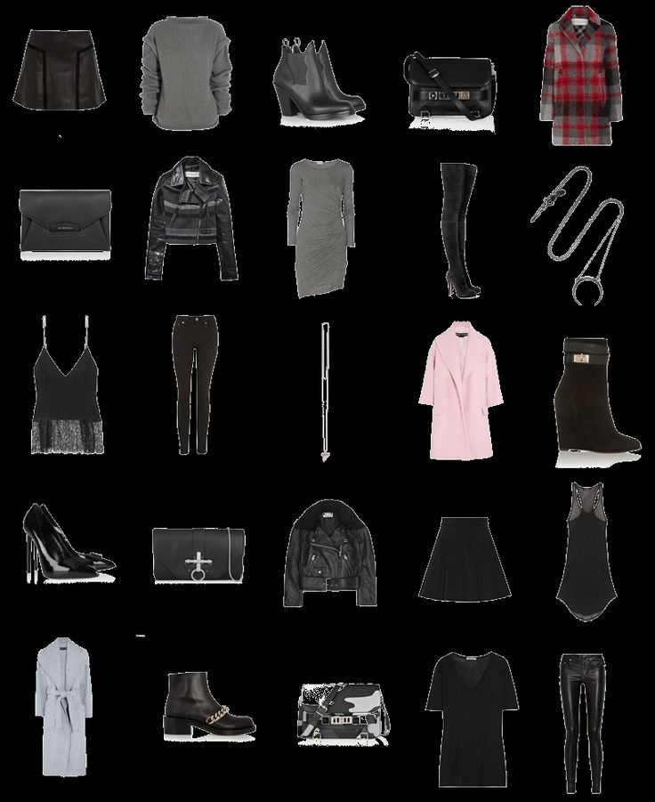the image shows a collage of various clothing items and accessories on a black background. these include tops, dresses, jackets, coats, skirts, pants, and a range of accessories like bags and shoes.