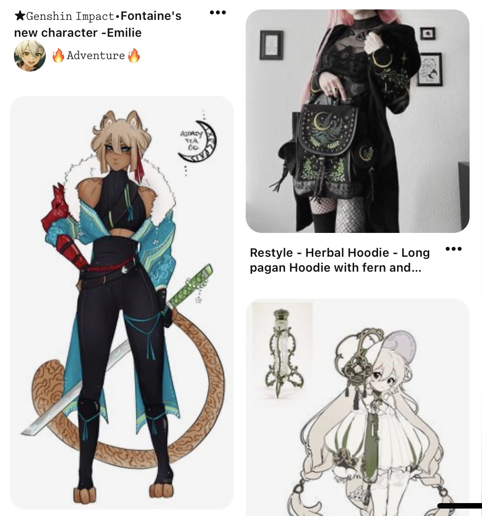 the image is a collage of three separate images, likely related to a genshin impact fan character.  the first image depicts a fullbody illustration of a female character with catlike features, wearing black and teal clothing inspired by traditional japanese attire. she carries a katana on her hip. the second image showcases a black, gothicstyle hoodie with intricate embroidery and a crescent moon design. the model wears a black lace top, highlighting the hoodie's aesthetic. the third image presents a detailed digital drawing of a white and green outfit.  it features a potion bottle incorporated into the design and a small, stylized character wearing the outfit.
