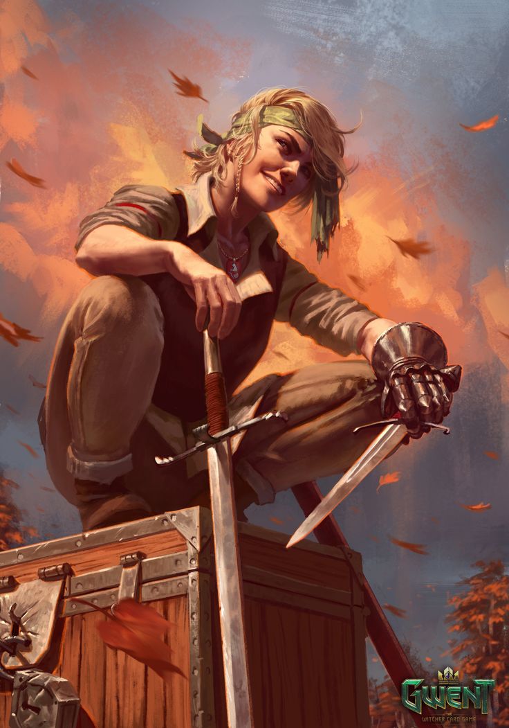 a smiling woman with blonde hair, clad in adventuring garb, confidently perches atop a wooden chest. the warm light of a sunset bathes the scene, highlighting the autumnal hues of the forest surrounding her.  she holds a sword, its point resting on the chest, while her other hand grips a dagger.  fallen leaves dance around her, adding to the dynamic composition.