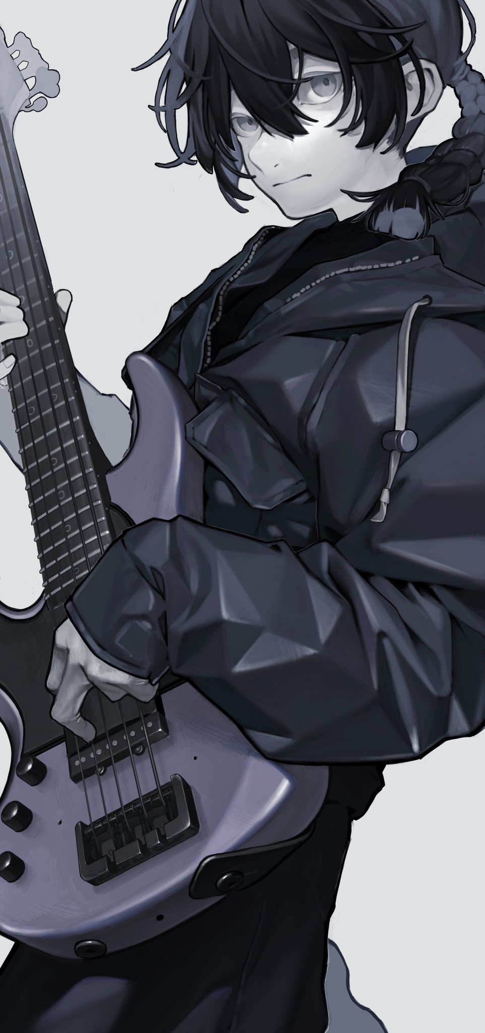 the image is a digital illustration of an animestyle girl playing a bass guitar.  she has dark hair styled in a braid, and is wearing a dark, almost black, jacket.  the overall color palette is monochrome, with shades of grey and black dominating. the style is fairly realistic, with attention to detail in both the girl's features and the bass guitar. the pose is dynamic, suggesting movement and energy. the overall mood is cool and edgy.